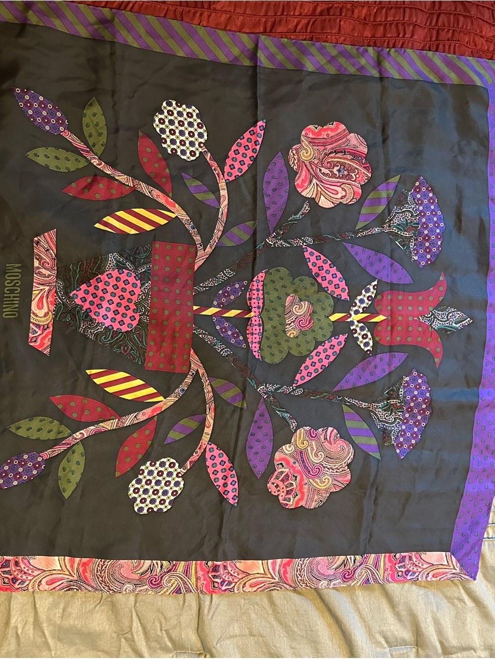 Moschino Black Silk Scarf with Pink, Purple & Green Floral Motif